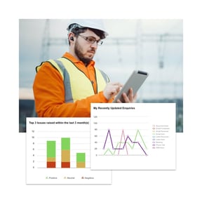 construction worker looking at tablet on the background and tractivity system screenshots